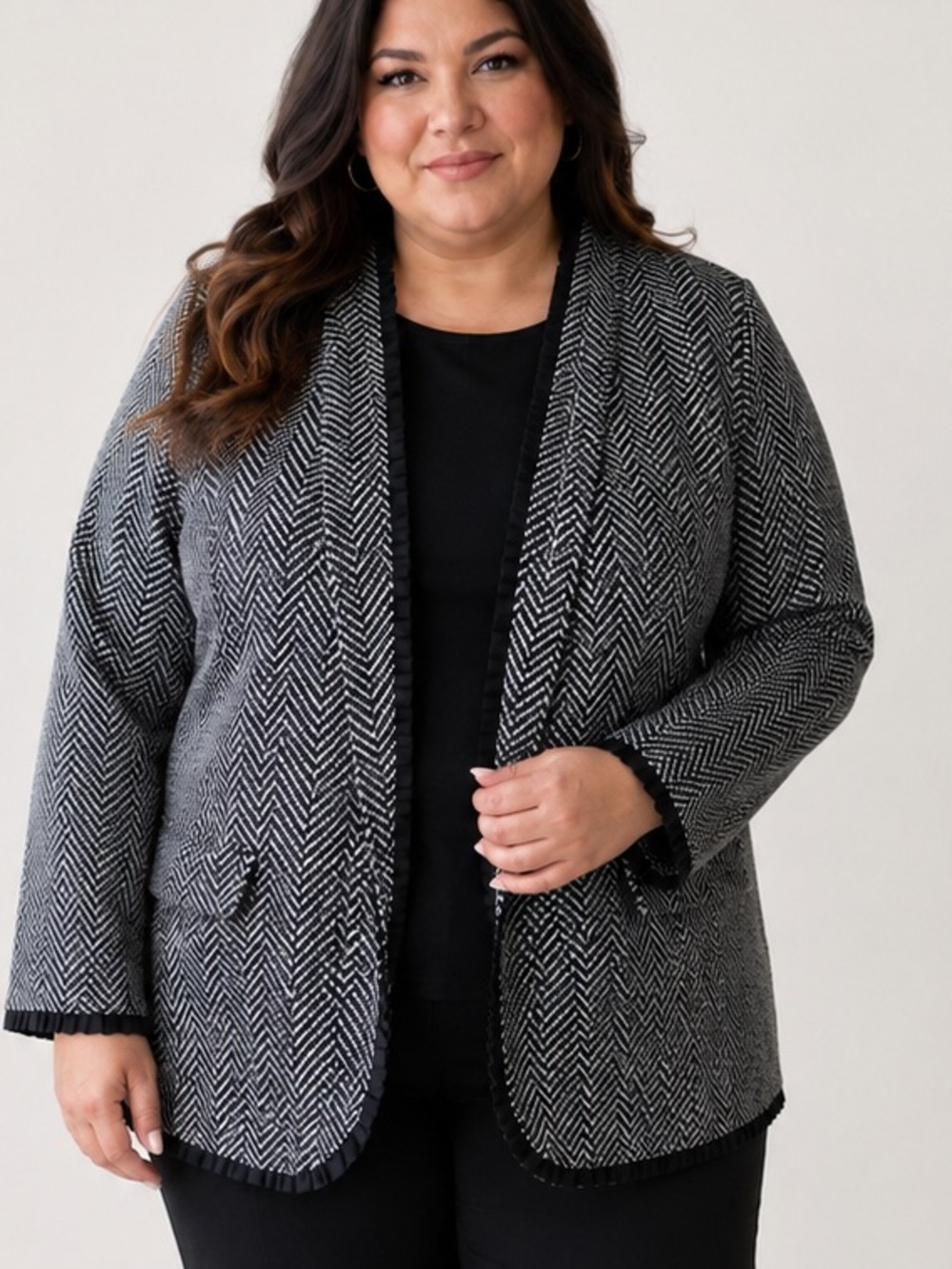 Chico’s Size XXL Black White Herringbone Knit Jacket Ruffle Trim Blazer Picket